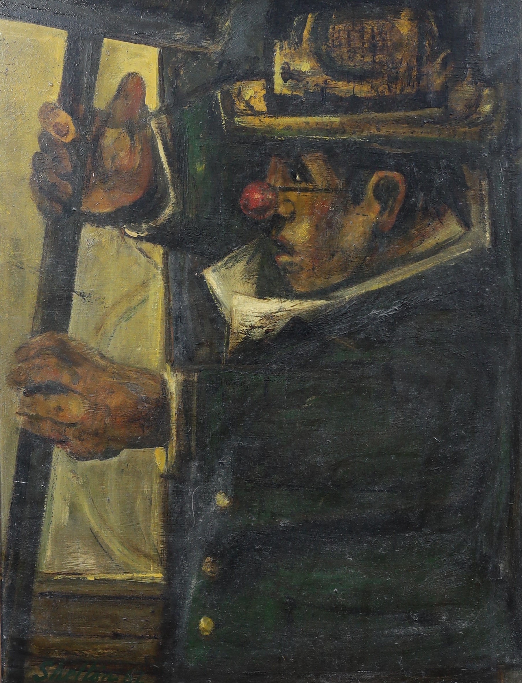 John Shelton (British, 1923-1993), Study of a clown, oil on board, 79 x 60cm